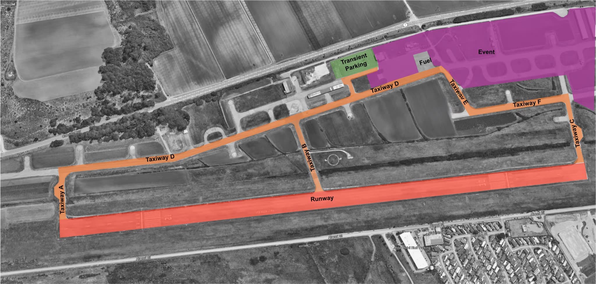 Half Moon Bay Airport, highlighting runway, taxiways, fuel, and parking areas